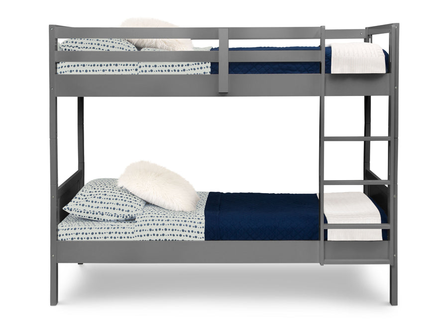 Gray metal bunk bed with blue and white bedding on a white background 12-Convertible Twin Bunk Bed with Ladder and Guardrails