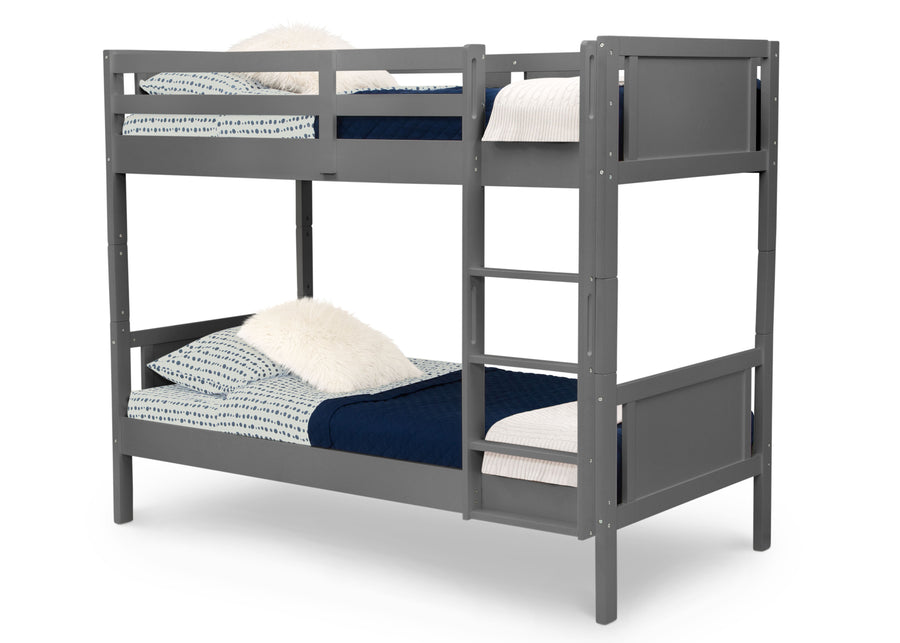 Gray bunk bed with white bedding on a white background 11-Convertible Twin Bunk Bed with Ladder and Guardrails