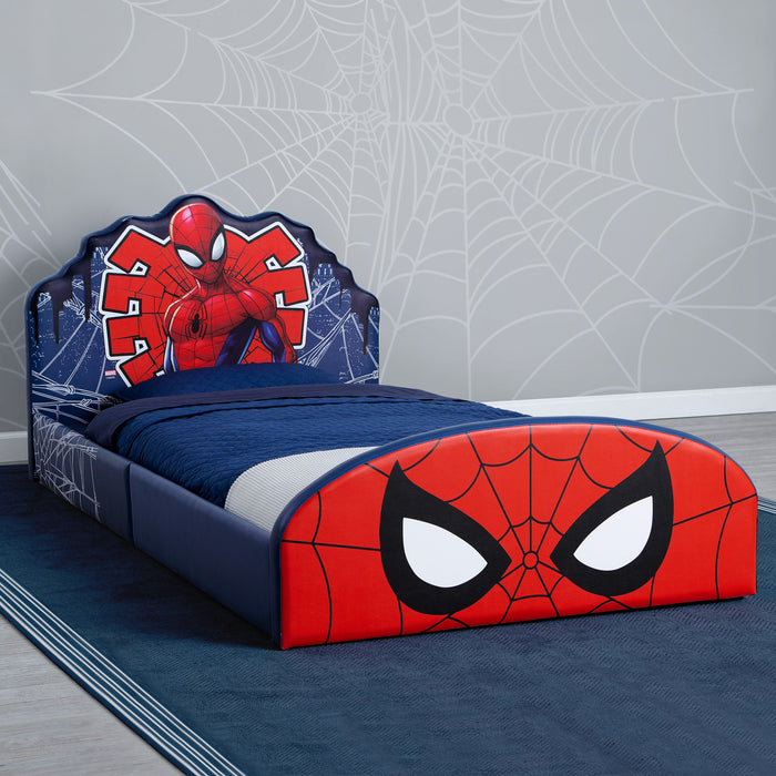 Spider-Man themed bed in a room with spider web wallpaper 0-Marvel Spider-Man Upholstered Twin Bed