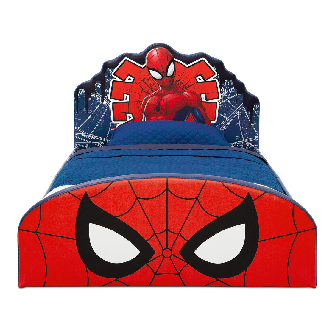 Spider-Man themed children's bed with red and blue design on a white background