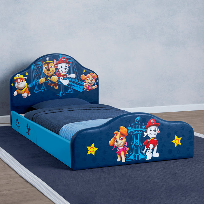 Children's bed with Paw Patrol design on a plain background 1-PAW Patrol Upholstered Twin Bed
