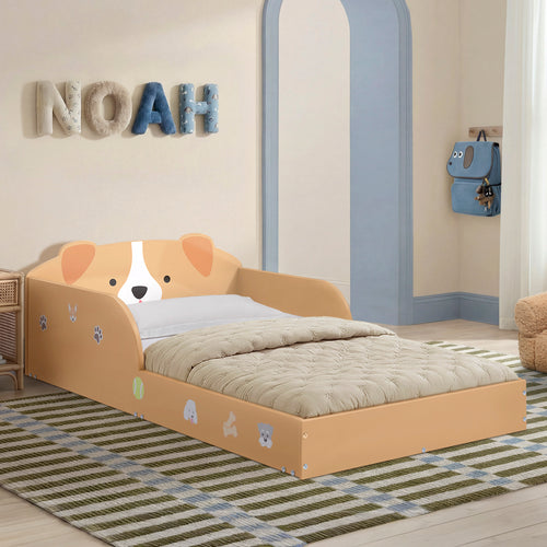 Children's bed with bear designs in a room with 'NOAH' letters on the wall.