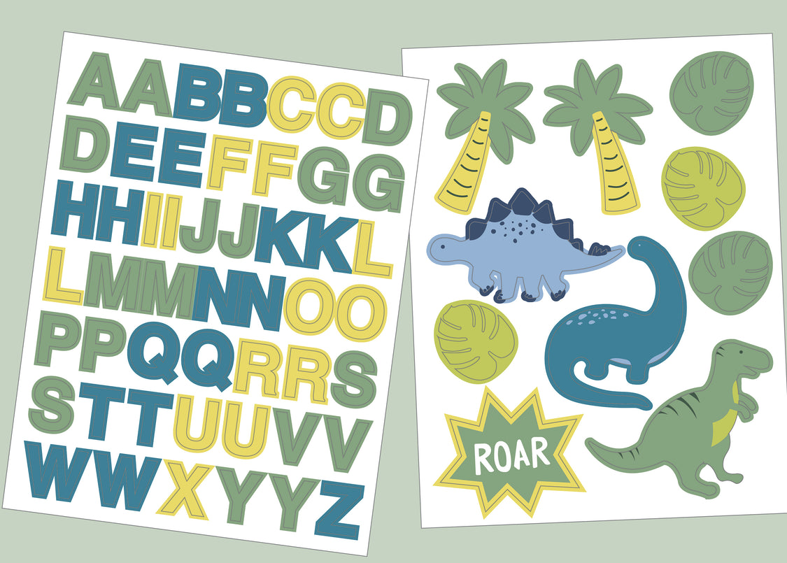 Sheet of colorful letters and dinosaur stickers on a light gray background