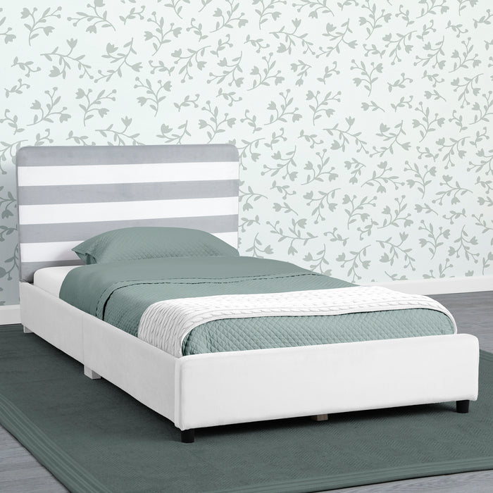 BB81573GN 1603 upholstered twin bed white grey stripes velvet lifestyle 101 2-Upholstered Twin Bed with Headboard