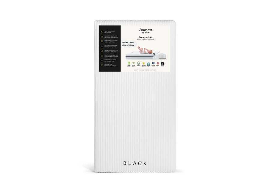 Packaging of a product with visible brand name on a white background 14-Beautyrest Black BreatheCool 2-Stage Crib and Toddler Mattress