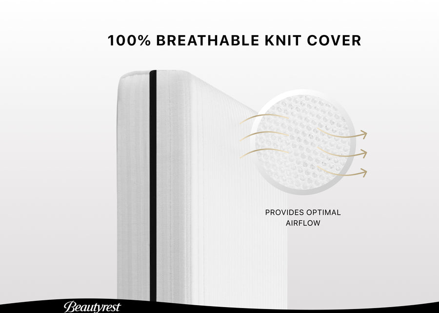White pillow with breathable knit cover and text on a white background 2-Beautyrest Black BreatheCool 2-Stage Crib and Toddler Mattress