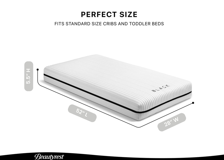 White mattress with dimensions labeled on a white background 8-Beautyrest Black BreatheCool 2-Stage Crib and Toddler Mattress