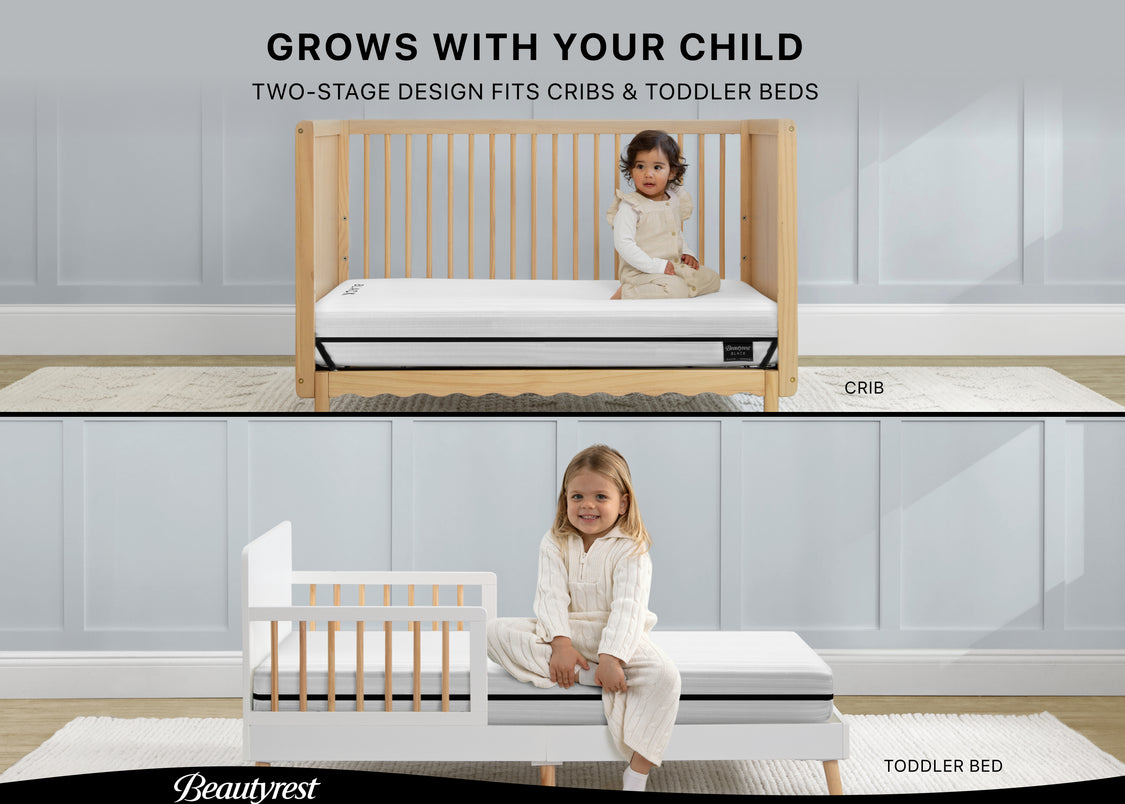 Two-stage bed design for children, transitioning from crib to toddler bed, with a child sitting on each stage.
