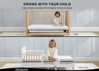 Two-stage bed design for children, transitioning from crib to toddler bed, with a child sitting on each stage. 6-Beautyrest Black BreatheCool 2-Stage Crib and Toddler Mattress