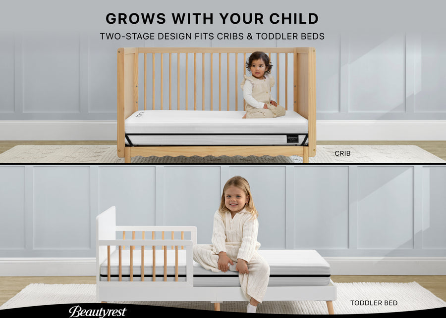 Two-stage bed design for children, transitioning from crib to toddler bed, with a child sitting on each stage. 6-Beautyrest Black BreatheCool 2-Stage Crib and Toddler Mattress