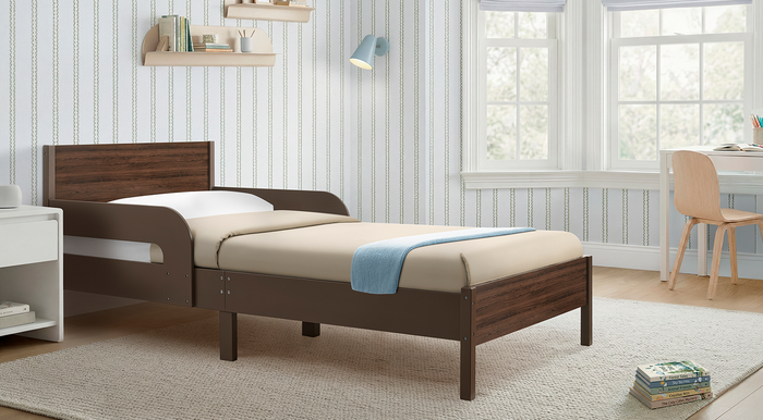 Wooden bed in a room with a desk and window 0-Cora Collection