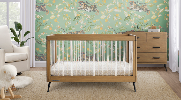 CroppedW133130 736 Sloane 4in1 Acrylic Convertible Crib Acorn wMatte Black Lifestyle 23 3-Sloane Collection