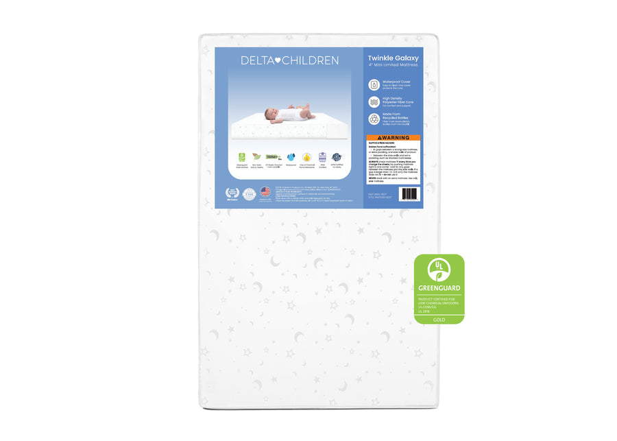 Delta Children mattress topper packaging on a white background 16-Twinkle Galaxy Limited 4-inch Mini Crib Mattress