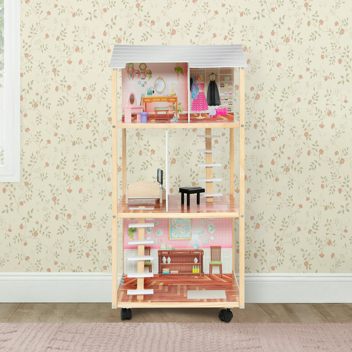Wooden dollhouse with miniature furniture on a floral wallpaper background 3-Moveable Mansion Dollhouse
