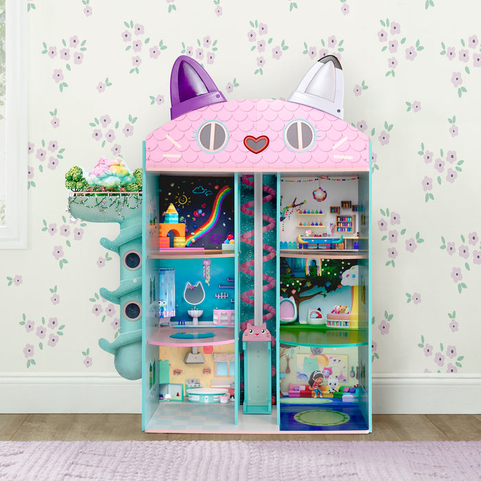 Children's toy wardrobe with cat design in a room with floral wallpaper. 0-Gabby’s Dollhouse Purrfect Playhouse
