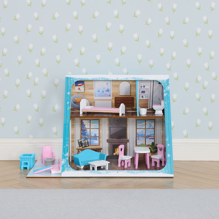 Toy dollhouse with furniture in a box against a light blue wall with floral pattern 1-Ski Chalet A-Frame Dollhouse