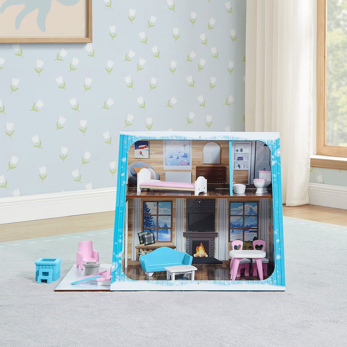 Dollhouse in a box with furniture on a light blue carpet