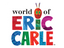 The official logo for 'World of Eric Carle' featuring the text in a colorful, textured font with a red, green, and blue caterpillar head illustration above the word 'ERIC'.