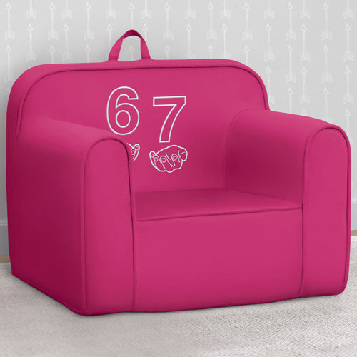 Pink chair with number 67 design on a light gray background