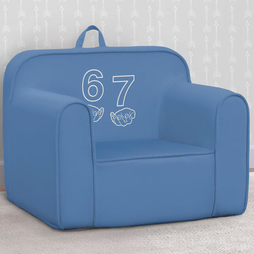 Blue armchair with number '67' and handprints on a light gray background