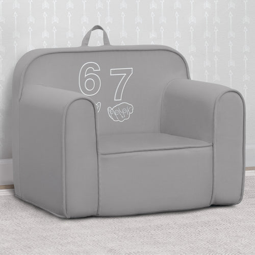 Gray children's chair with numbers and letters on a light gray background
