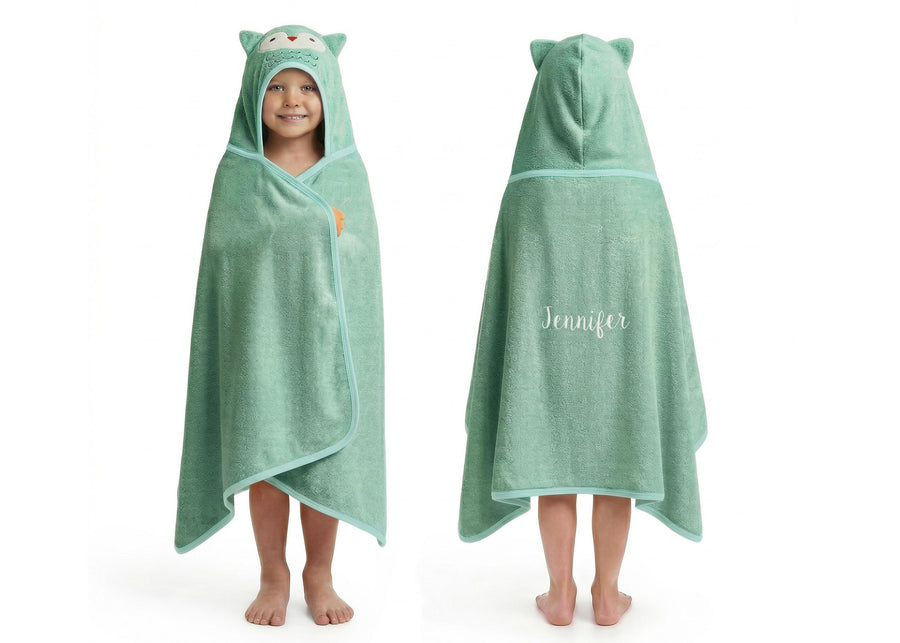 Light Teal Owl (1258) 17-Personalized Kids Hooded Bath Towel with Pockets