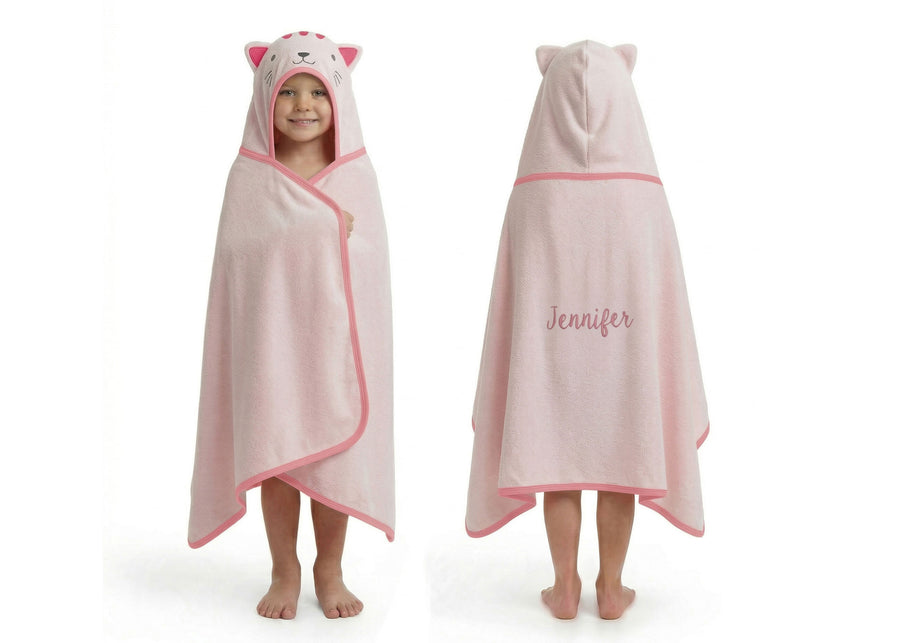 Pink Cat (1261) 12-Personalized Kids Hooded Bath Towel with Pockets
