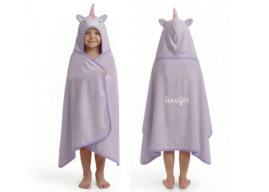 Light Purple Unicorn (1262) 2-Personalized Kids Hooded Bath Towel with Pockets