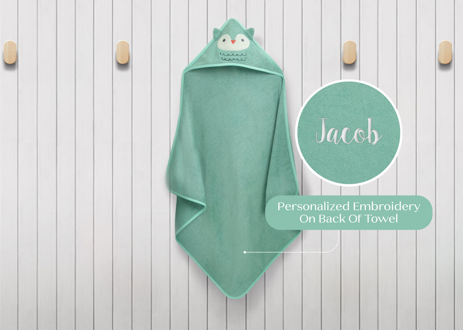 Light Teal Owl (1258) 1-Personalized Baby Hooded Bath Towel