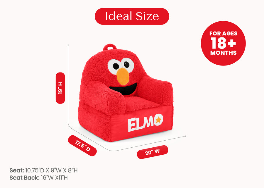 Red plush Elmo character child's chair with dimensions labeled as 17.5 x 20 x 19 inches, shown on a light background with 'Ideal Size' and age information callouts. 11-Sesame Street Elmo Cozee Buddy Chair
