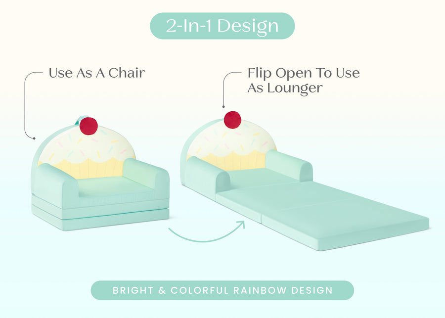 Cupcake Rainbow (1715) 3-Cupcake Rainbow Figural Flip-Out 2-in-1 Convertible Chair to Lounger