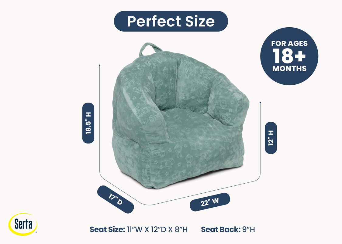 Green bean bag chair with dimensions and age recommendation on a white background