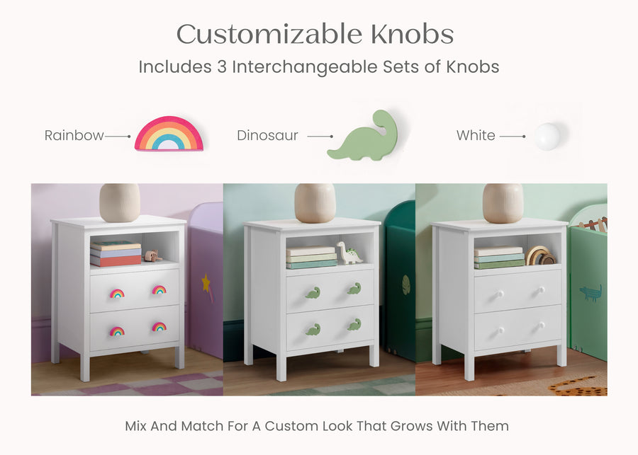 White (1245) 2-Dreamer Kids Nightstand with Interchangeable Knobs