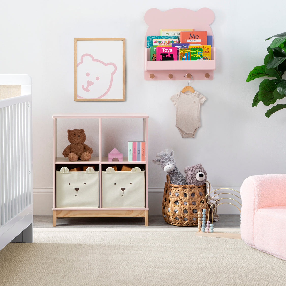 Children's room with storage unit, toys, and decor elements.