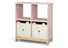 Pink children's bookshelf with two bear-faced storage bins on a white background 31-Brannan Bear Bookcase with Bins