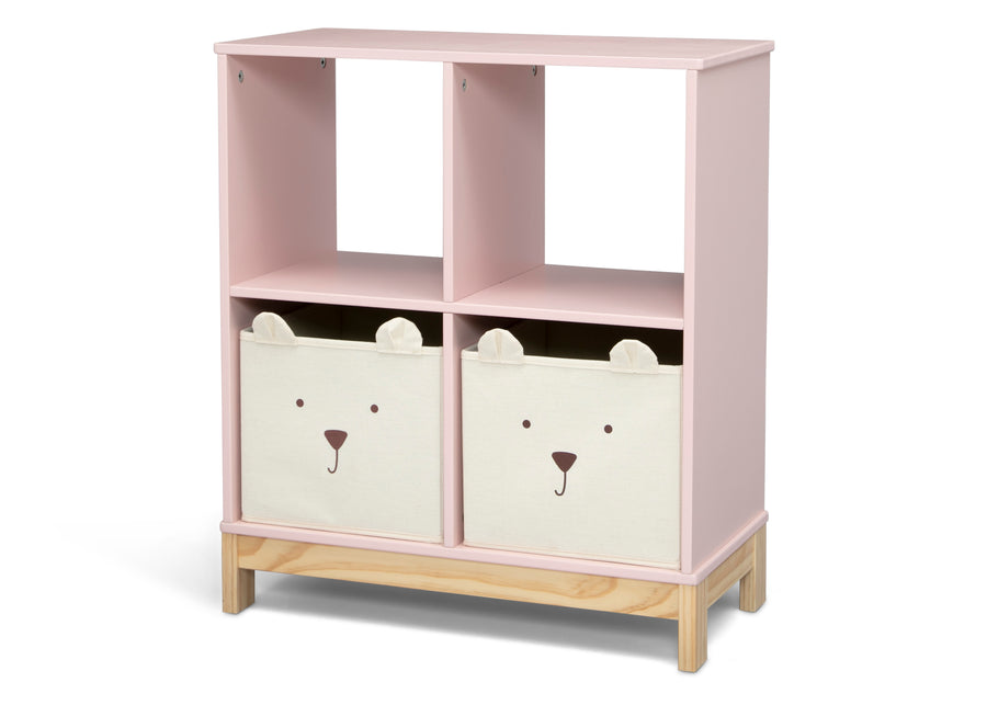 Pink children's bookshelf with two bear-faced storage bins on a white background 31-Brannan Bear Bookcase with Bins