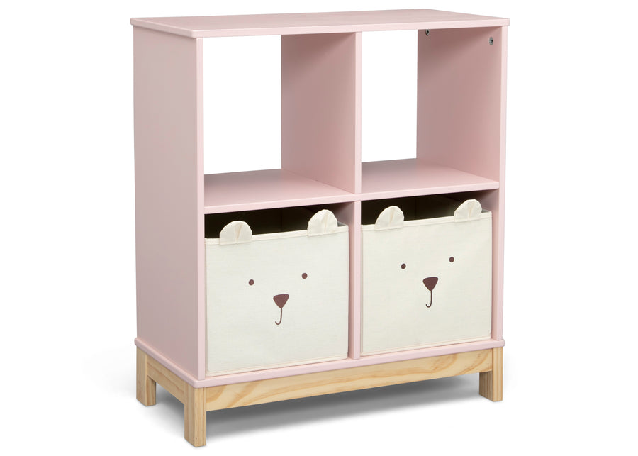 Pink children's bookshelf with bear-faced storage bins on a white background 29-Brannan Bear Bookcase with Bins