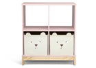 Pink children's bookshelf with bear face storage bins on a white background 32-Brannan Bear Bookcase with Bins