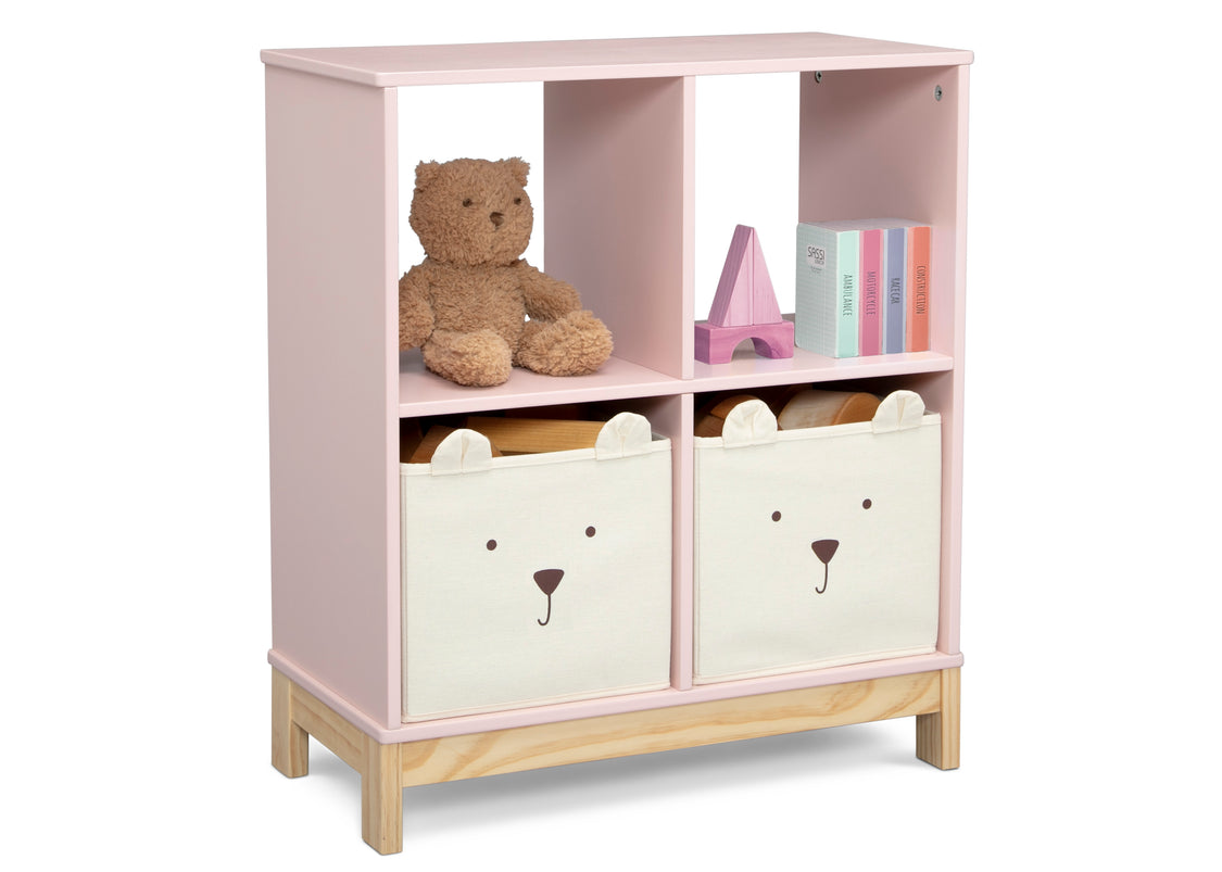 Children's bookshelf with teddy bear design storage bins and toys on a white background