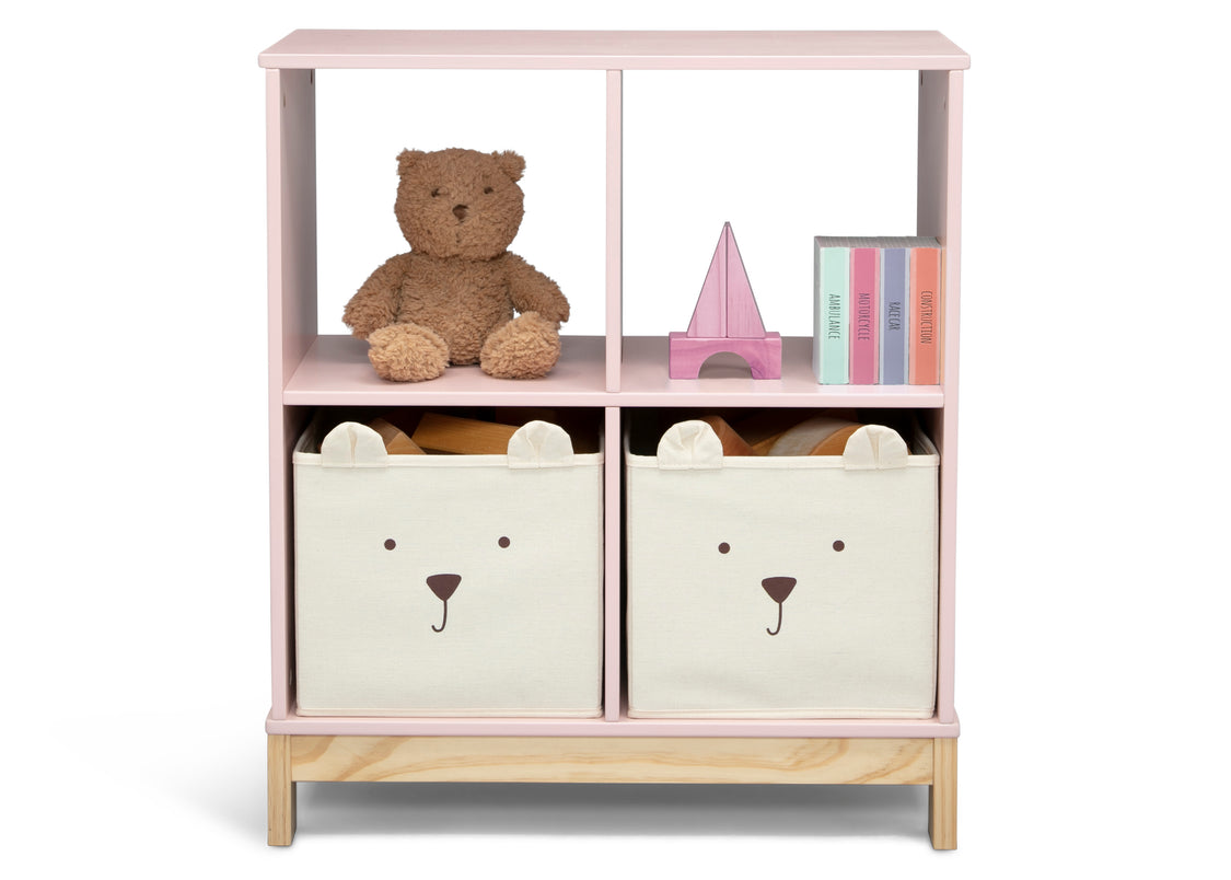 Children's bookshelf with teddy bear, books, and storage bins on a white background