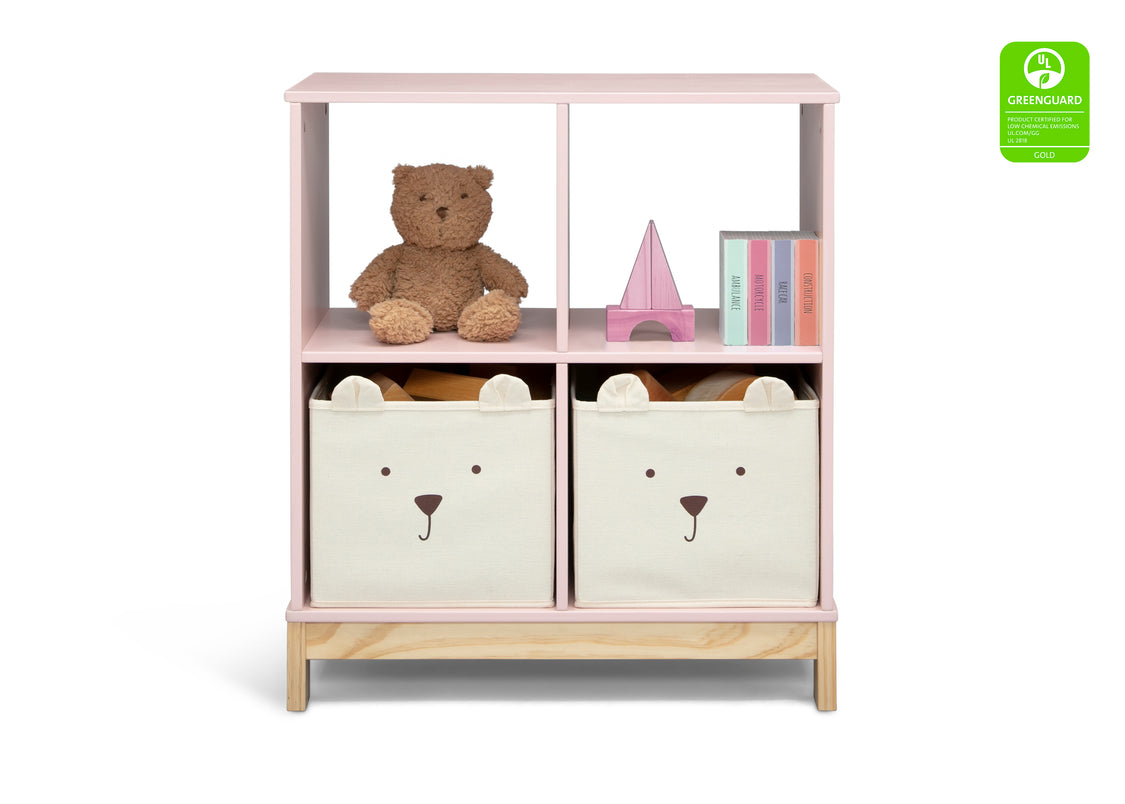 Children's bookshelf with teddy bear design storage bins and a teddy bear on a white background.