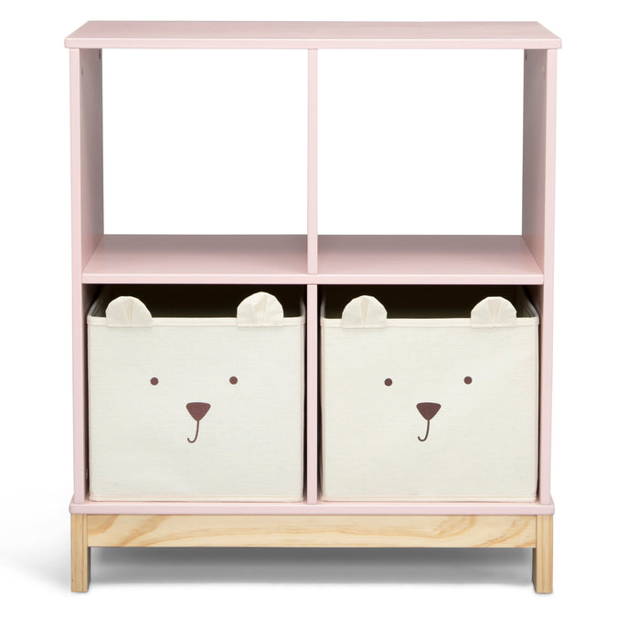 Pink children's shelf with two bear-faced storage bins on a white background 30-Brannan Bear Bookcase with Bins