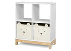 White bookshelf with two bear-faced storage boxes on a white background 45-Brannan Bear Bookcase with Bins