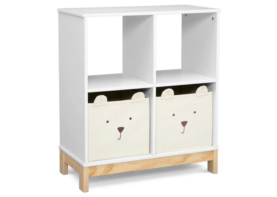 White bookshelf with two bear-themed storage bins on a white background