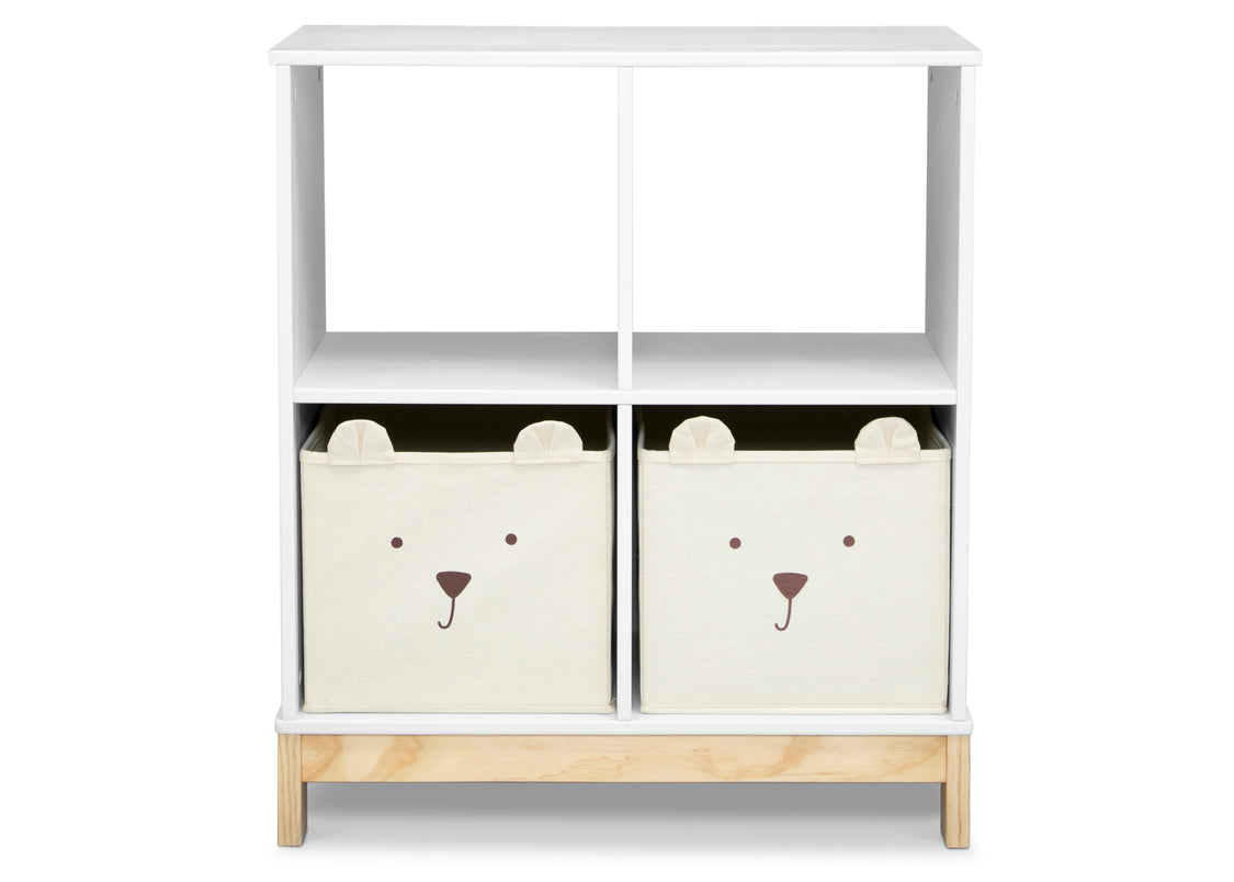 White shelf with two bear-faced storage bins on a white background
