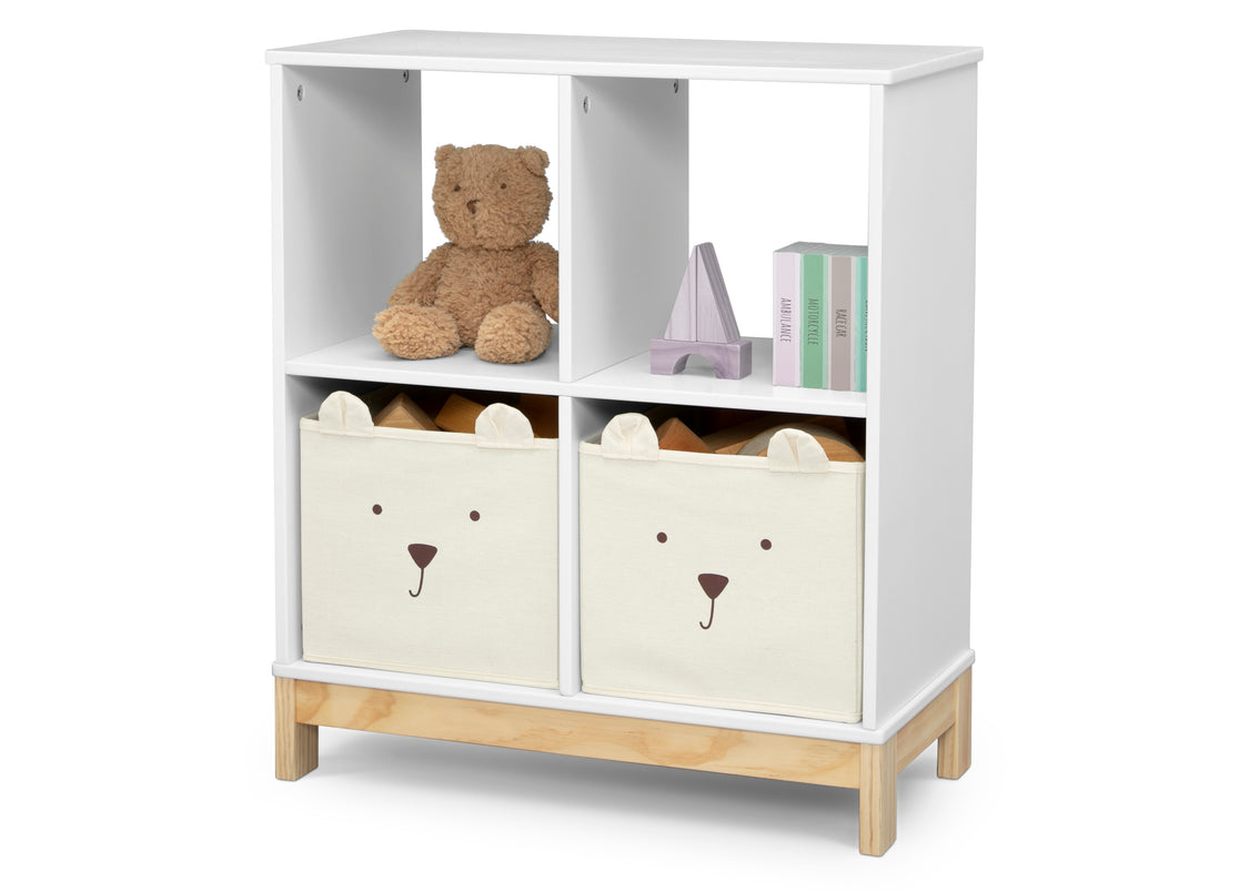 White storage unit with bear-themed bins and a teddy bear on a white background