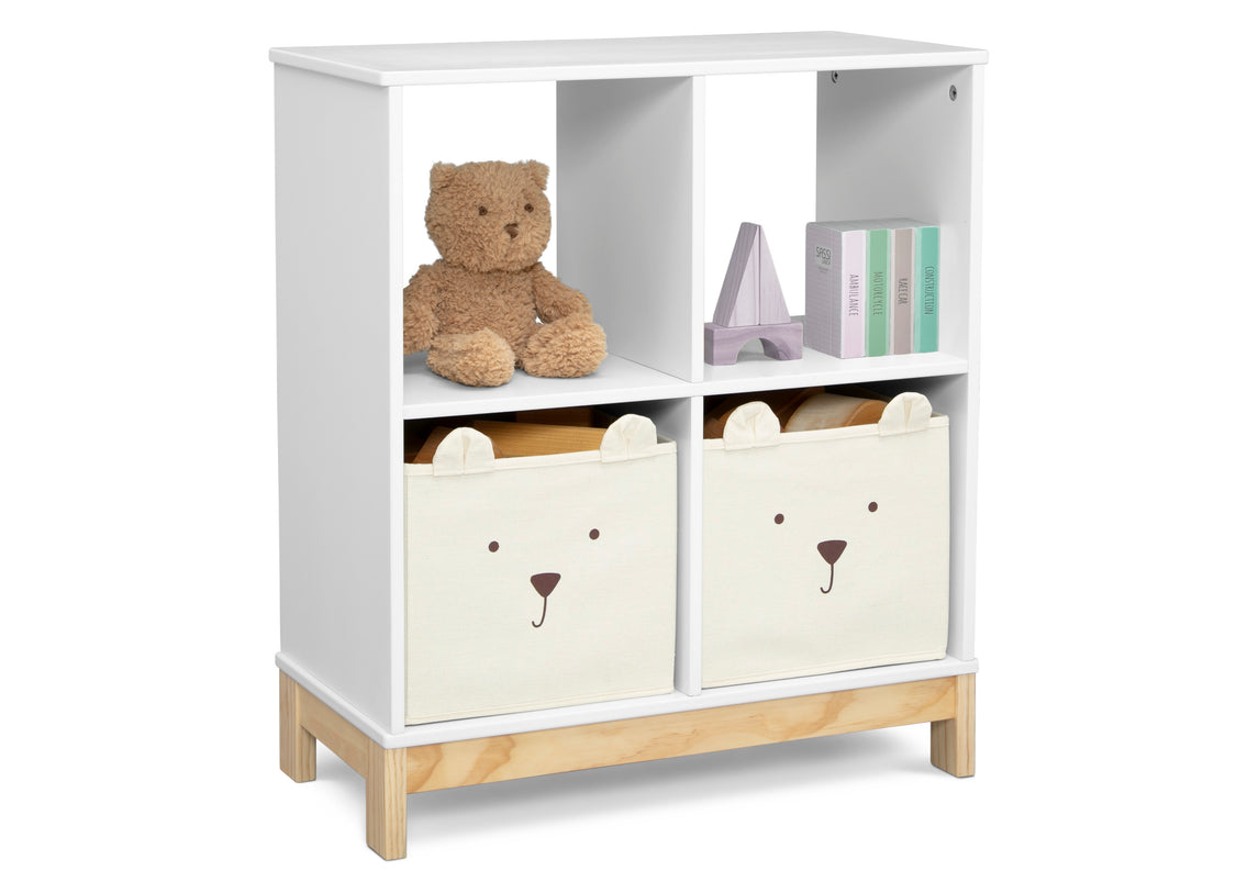 White bookshelf with teddy bear design storage bins and a teddy bear on a white background