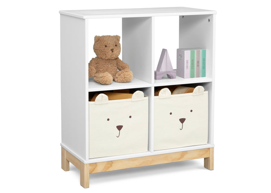 White bookshelf with teddy bear design storage bins and a teddy bear on a white background 49-Brannan Bear Bookcase with Bins