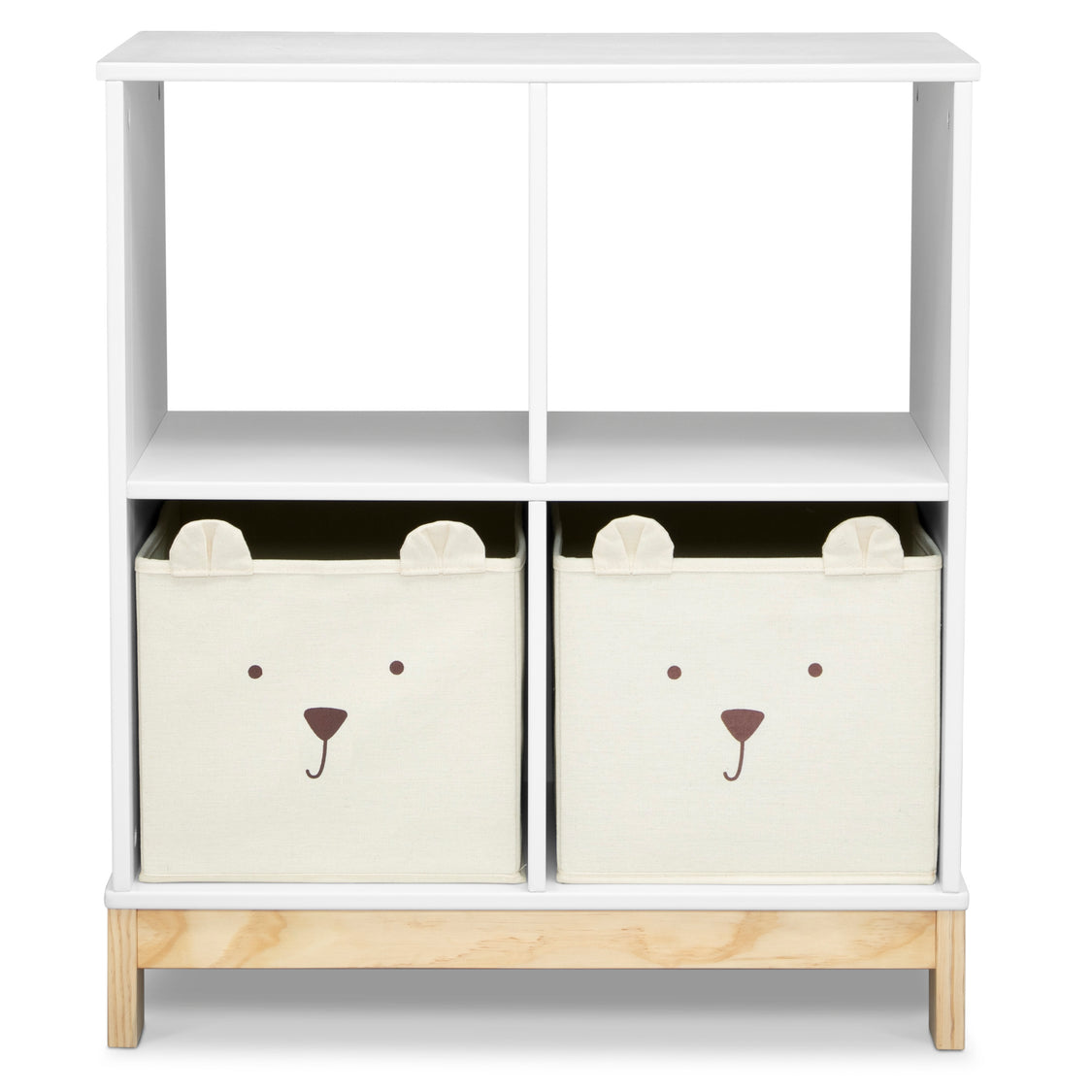 White storage unit with two bear-faced bins on a white background