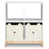 White storage unit with two bear-faced bins on a white background 44-Brannan Bear Bookcase with Bins